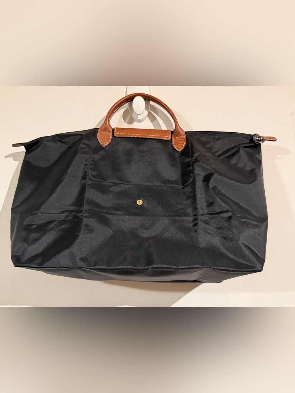 Longchamp Le Pliage Black Nylon with Brown Leather Trim - large Travel Tote - Picture 6 of 7